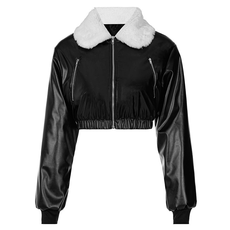 Veste en cuir à manches longues et fermeture éclair