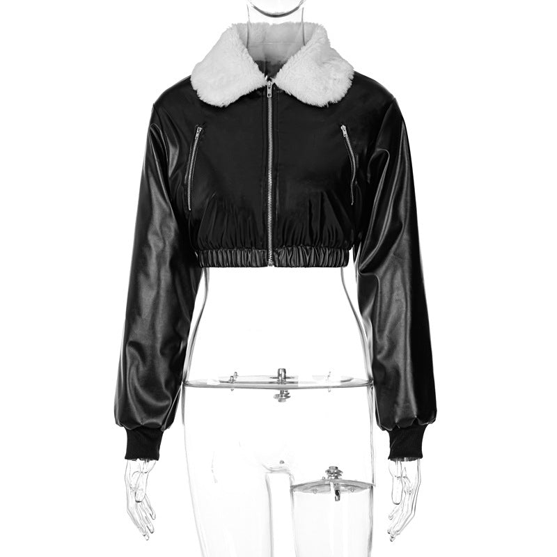 Veste en cuir à manches longues et fermeture éclair