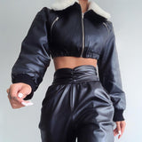 Veste en cuir à manches longues et fermeture éclair