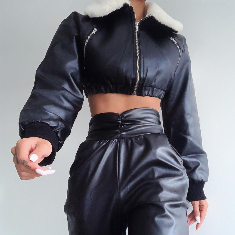 Veste en cuir à manches longues et fermeture éclair