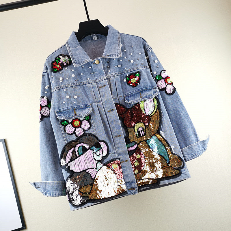 Veste en jean avec patch à sequins de dessin animé